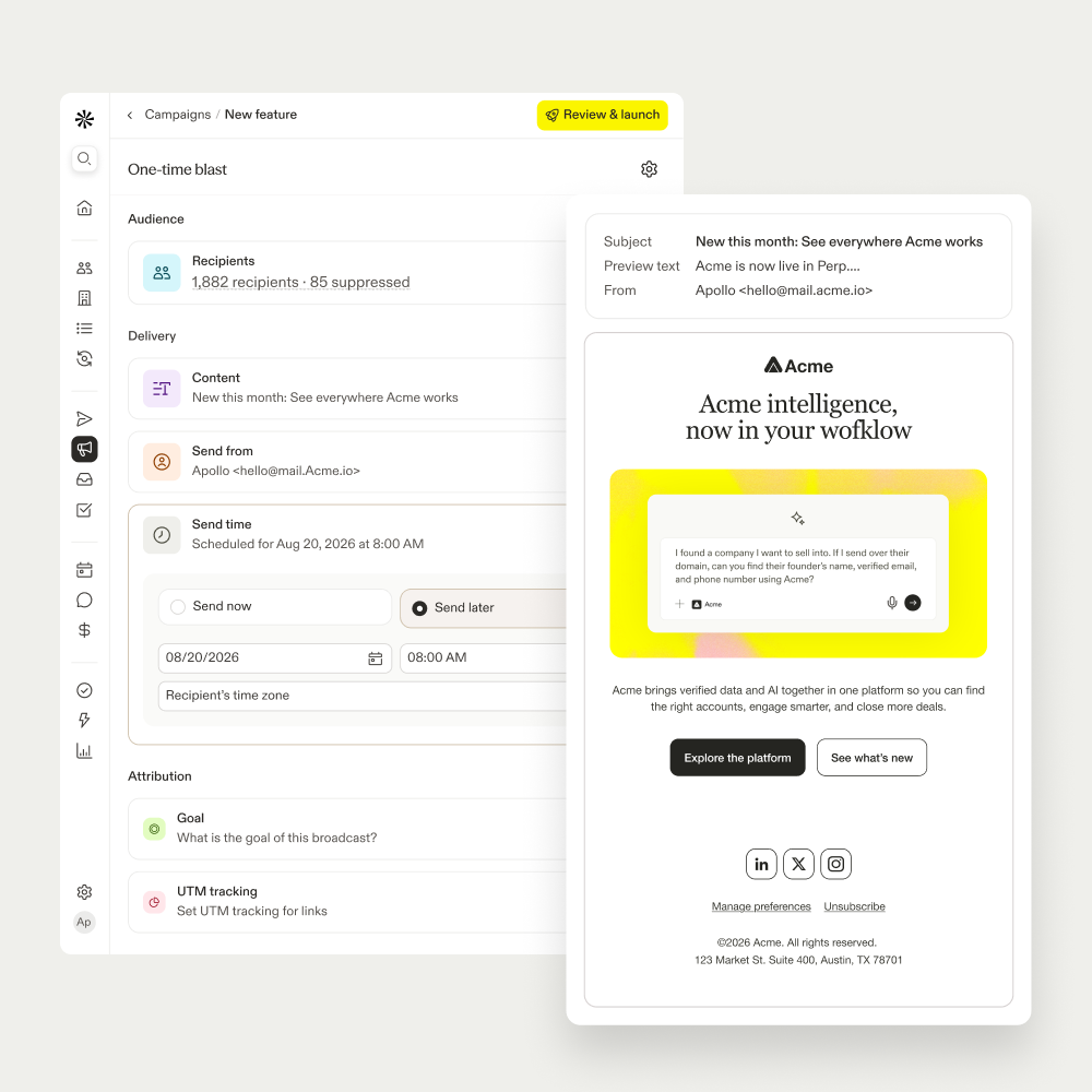 An Apollo one-time email broadcast scheduled to 1,882 recipients, with the composed marketing email previewed beside the delivery settings