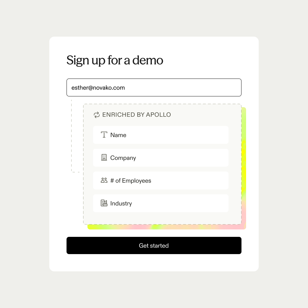 A demo sign-up form where entering a work email auto-fills name, company, employee count and industry, marked as enriched by Apollo
