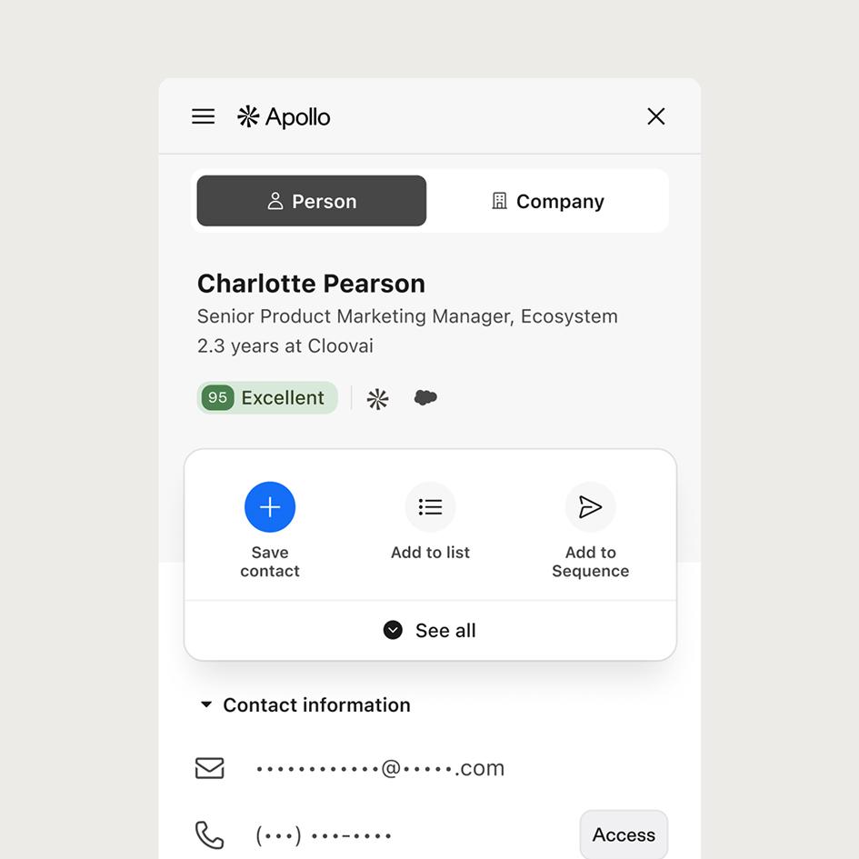 Apollo Chrome extension pop-up showing contact details
