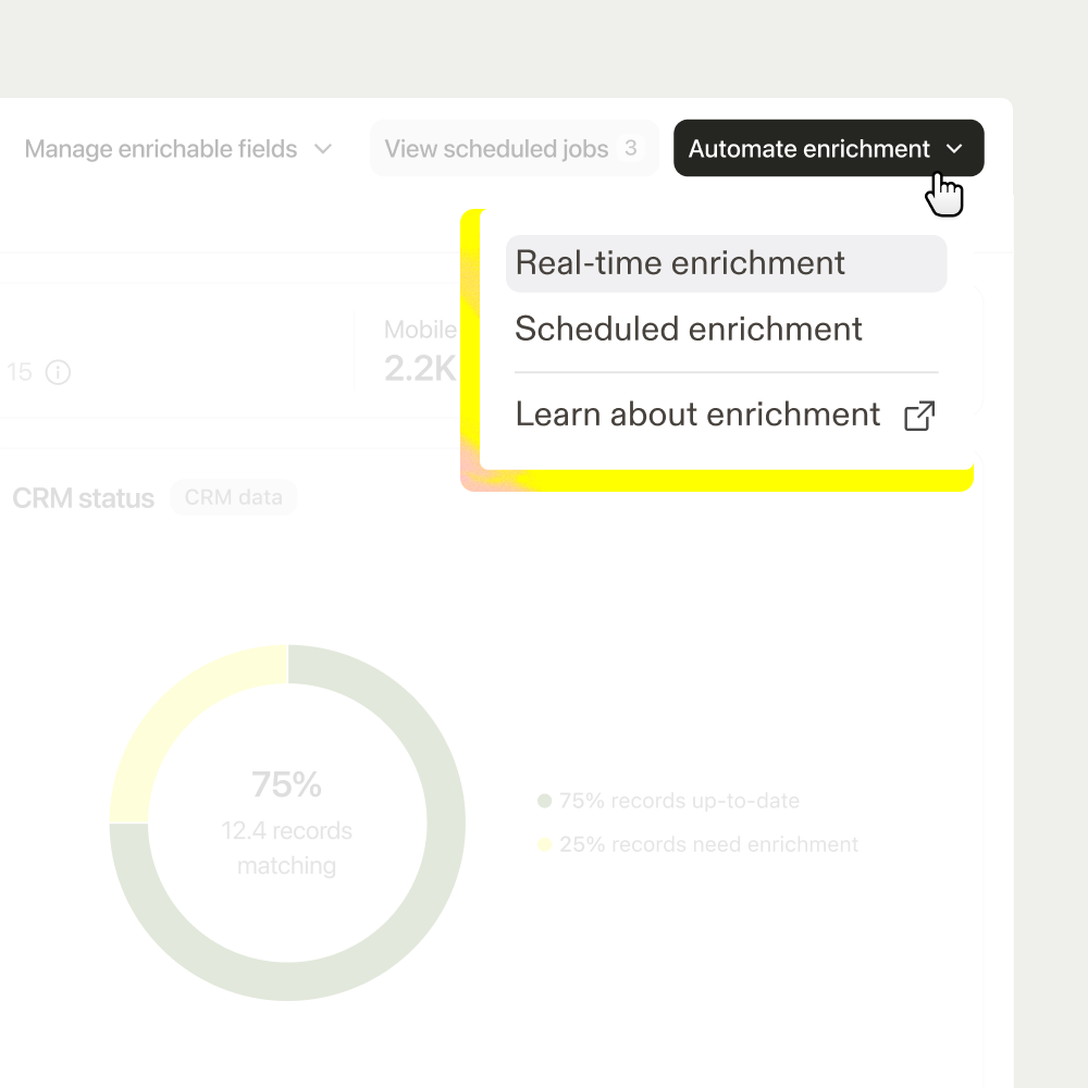 Apollo's data health view showing 75% of records up to date and 25% needing enrichment, with a menu offering real-time or scheduled enrichment
