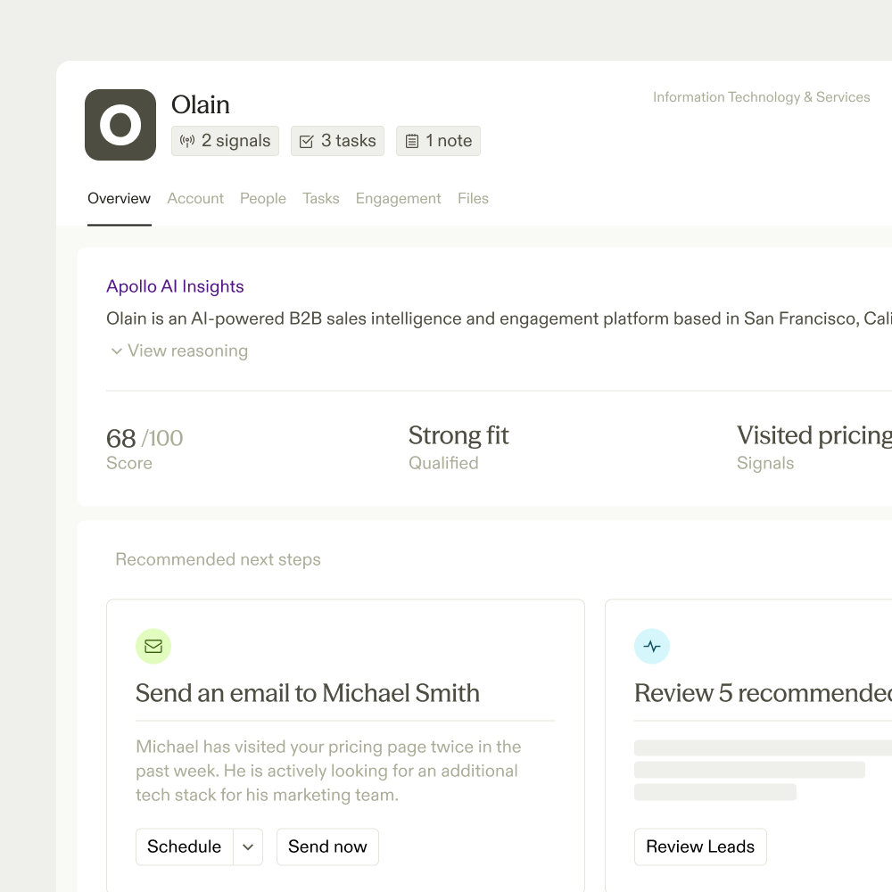 Data sources including a CRM, a data warehouse, and call transcripts connected to Apollo