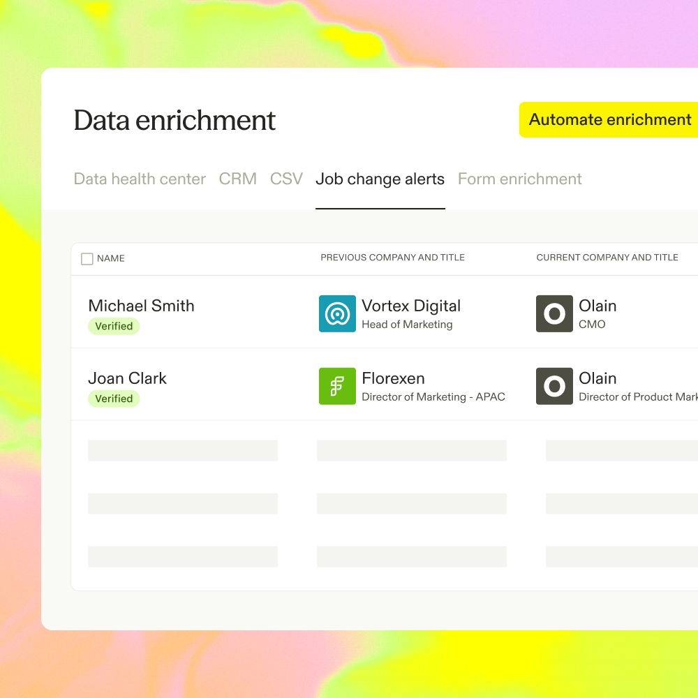 Apollo's data enrichment view on the job change alerts tab, listing verified contacts alongside their previous and current company and title