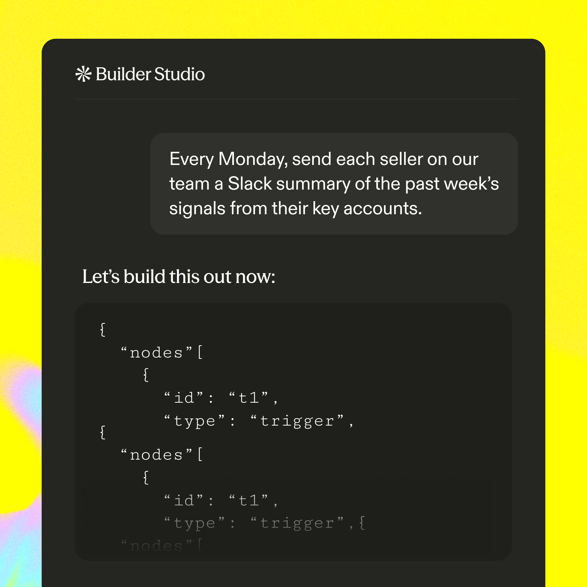 Builder Studio turning a plain-language request into workflow code