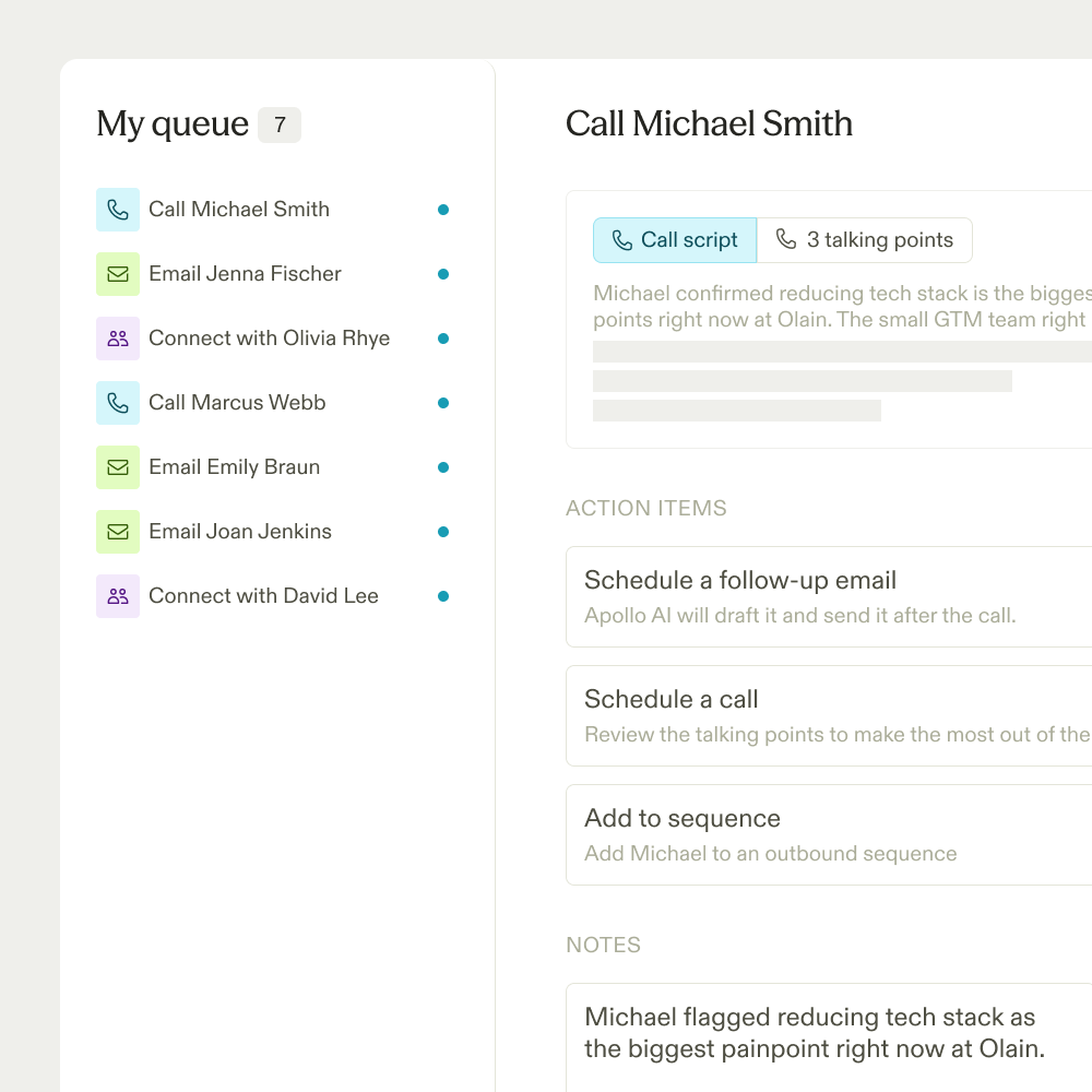 An Apollo task queue of calls and emails beside a call view showing an AI-generated call script, suggested action items, and notes captured from the prospect