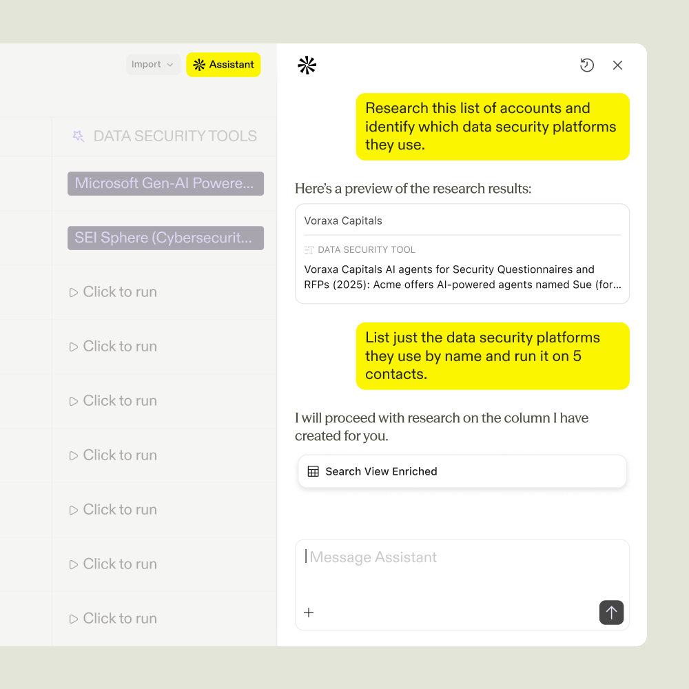 The Apollo Assistant researching a list of accounts to identify which data security platforms each one uses, with the enriched results previewed in a new column