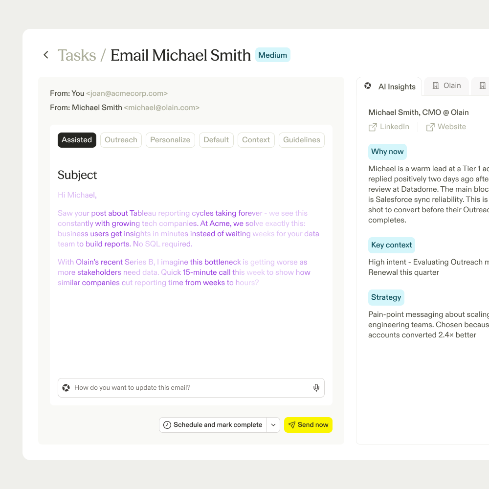 An Apollo email task drafted with AI alongside an AI Insights panel showing why the buyer is worth contacting now