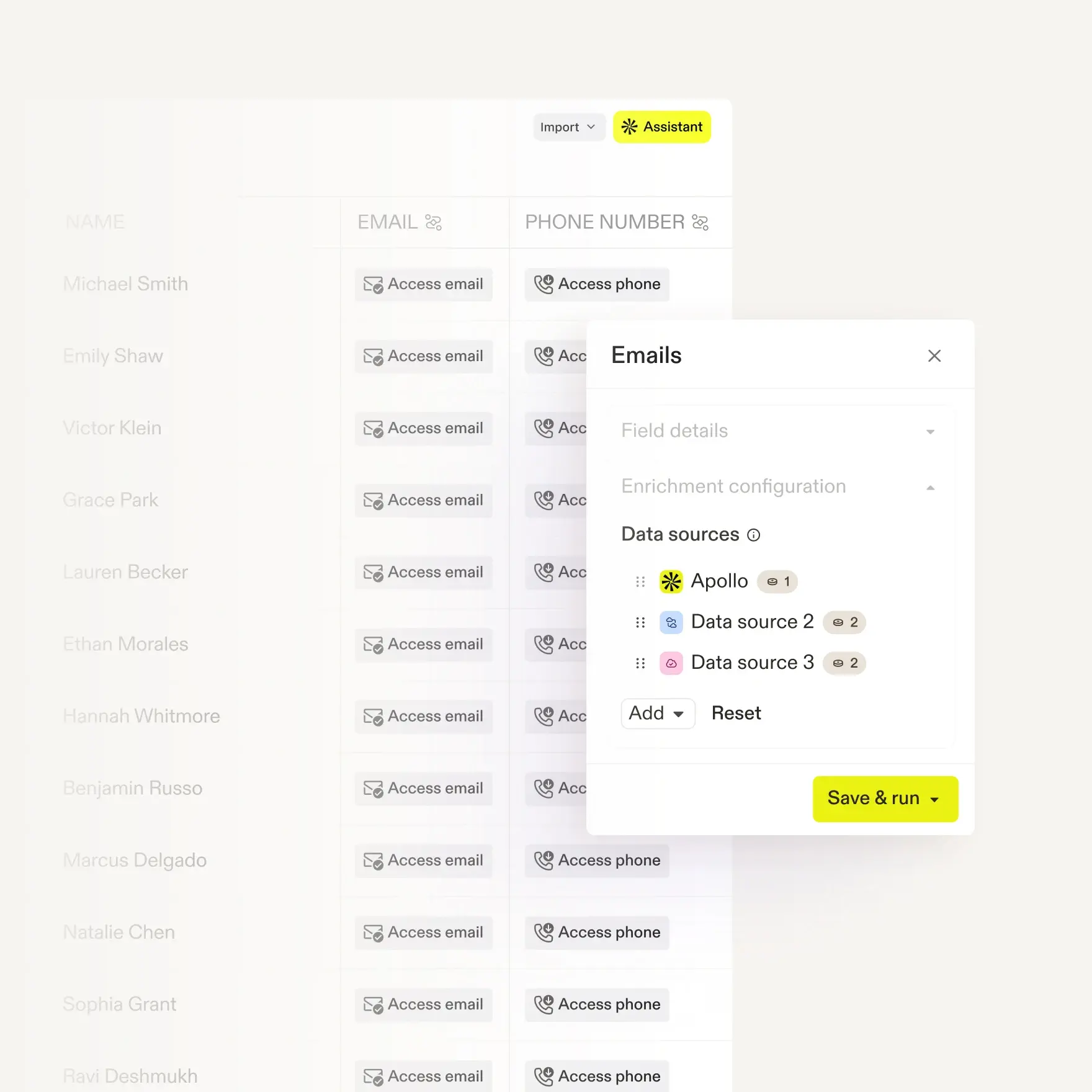 Apollo data quality view with verified contacts and email insights