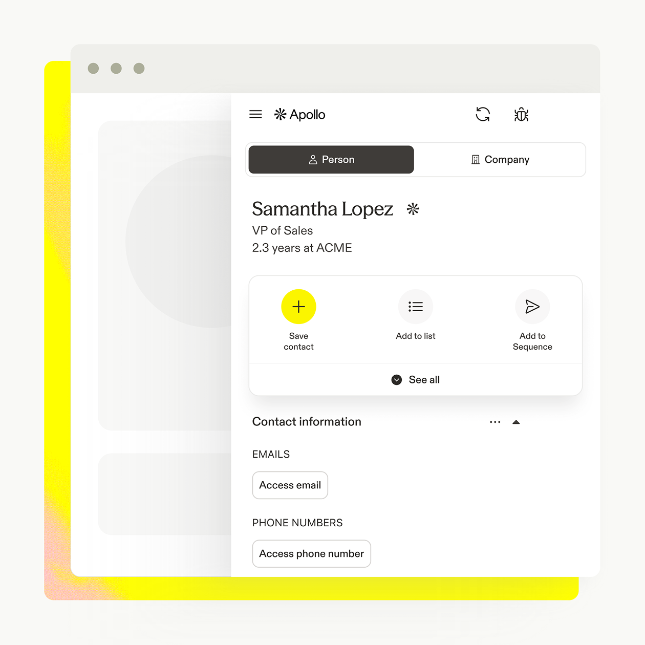 Apollo Chrome Extension surfaced on a LinkedIn profile, showing verified contact details and quick actions
