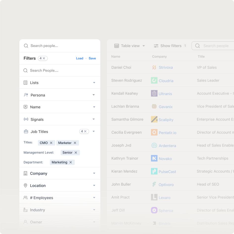 Apollo search interface with filters and contact table