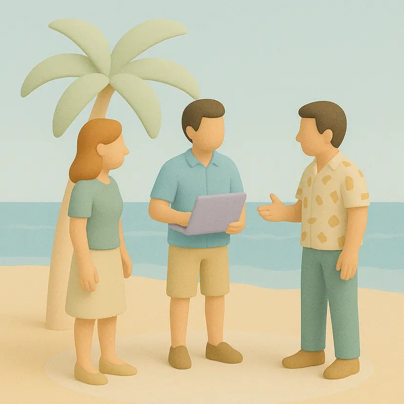 Few people sitting on a rock near a beach. Few boats are visible in the sea and an old man is doing something in the background,