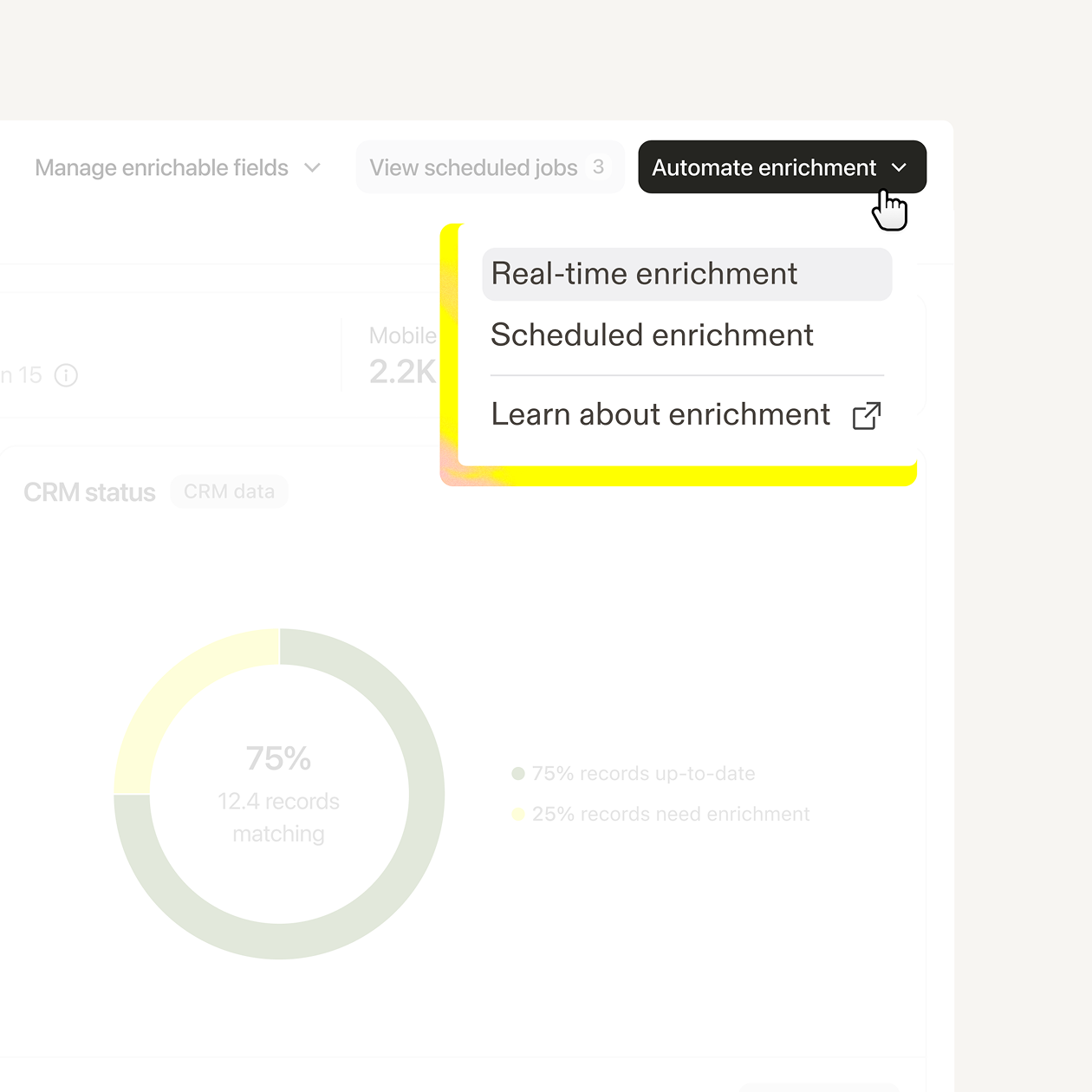 Apollo data synced into a CRM record, with live contact and account fields kept up to date