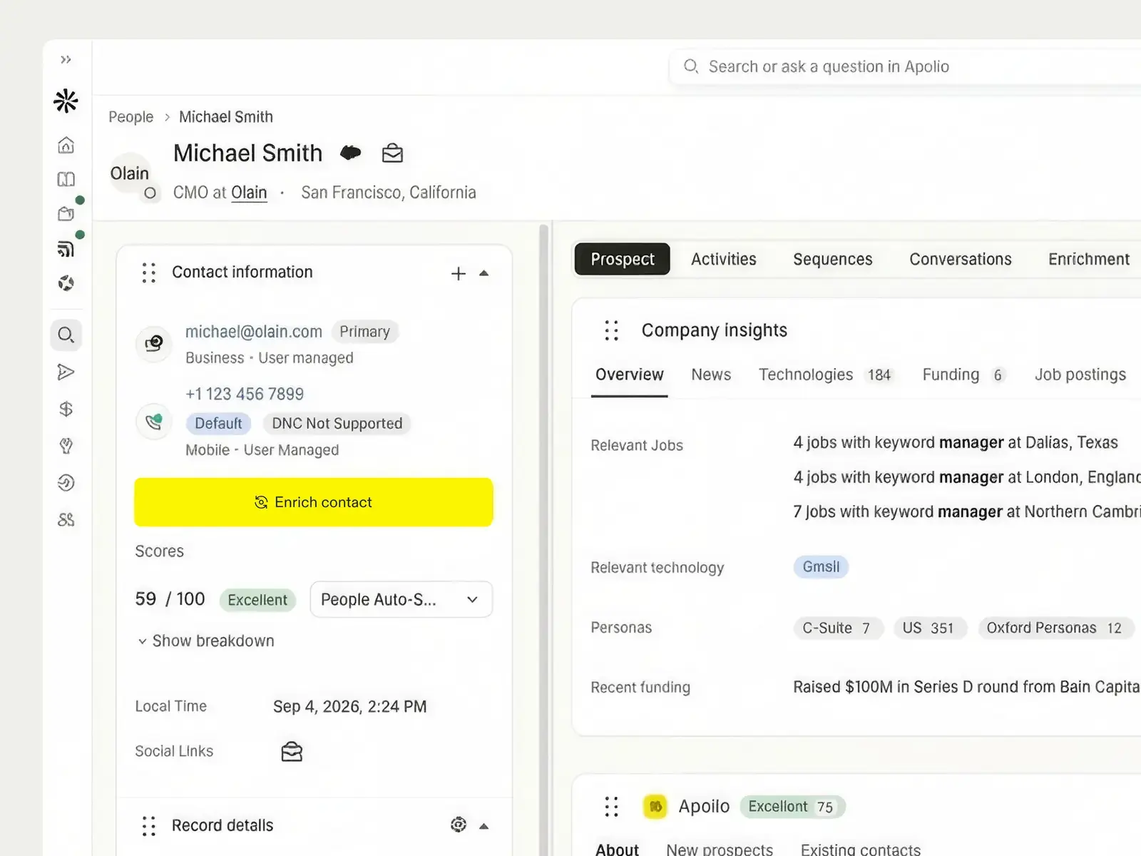 Apollo's enrichment panel showing score, funding, personas, technologies, and job signals