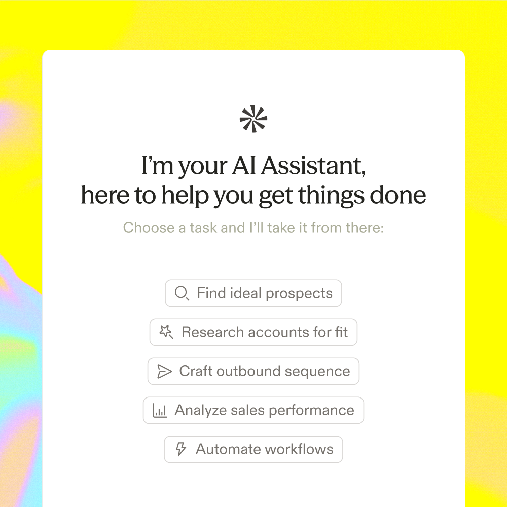 Apollo AI Assistant offering to find ideal prospects, research accounts for fit, craft an outbound sequence, analyze sales performance, and automate workflows