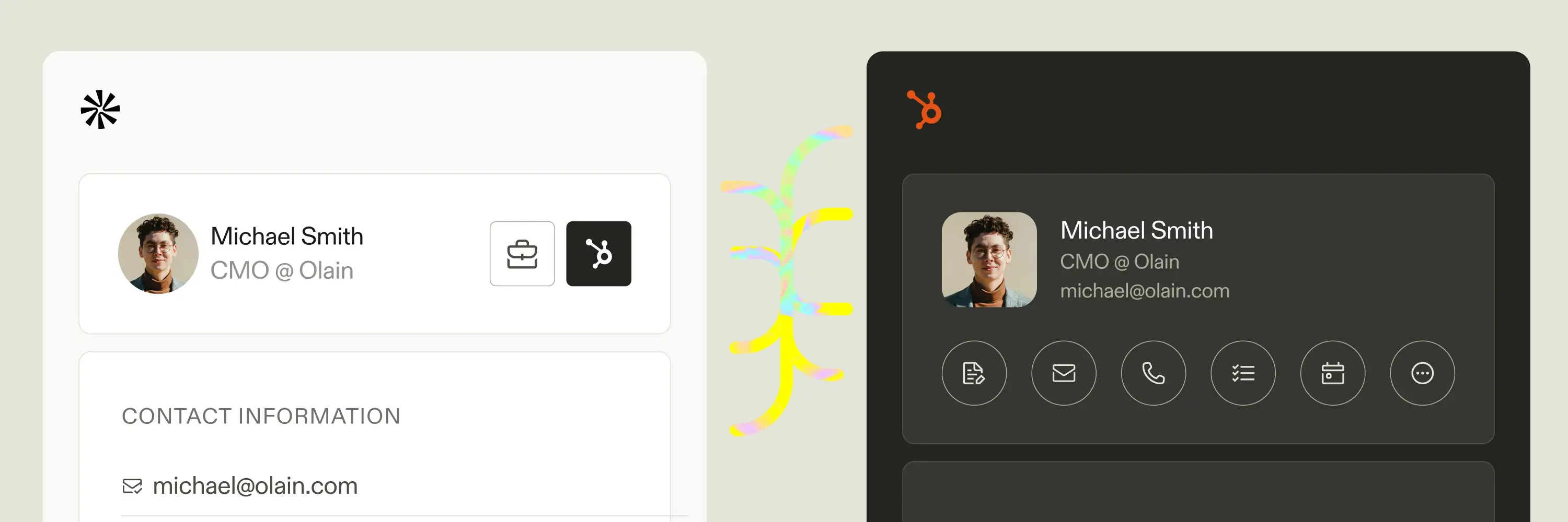 An Apollo contact record alongside the matching HubSpot record, with Apollo insights already synced in