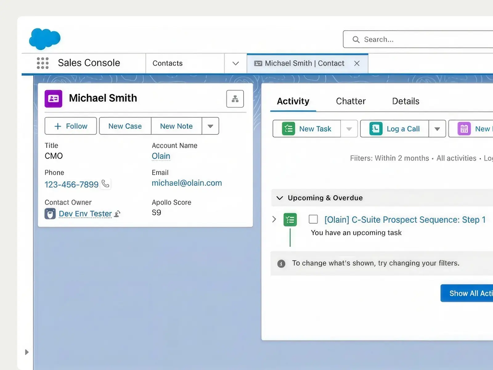 A Salesforce contact record with the next Apollo sequence step logged as an upcoming task