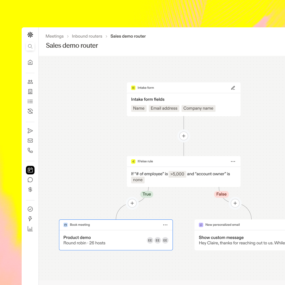 A sales demo router workflow in Apollo with intake, routing rule, and next-step actions