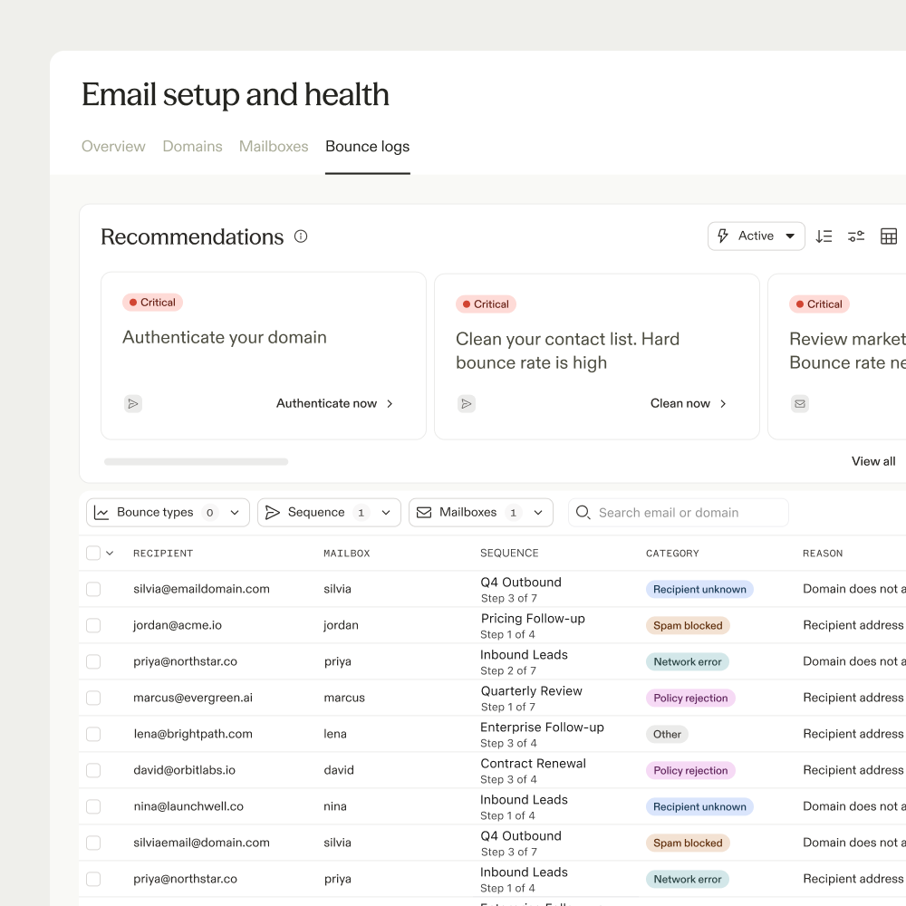 Deliverability recommendations and a bounce log table in Apollo