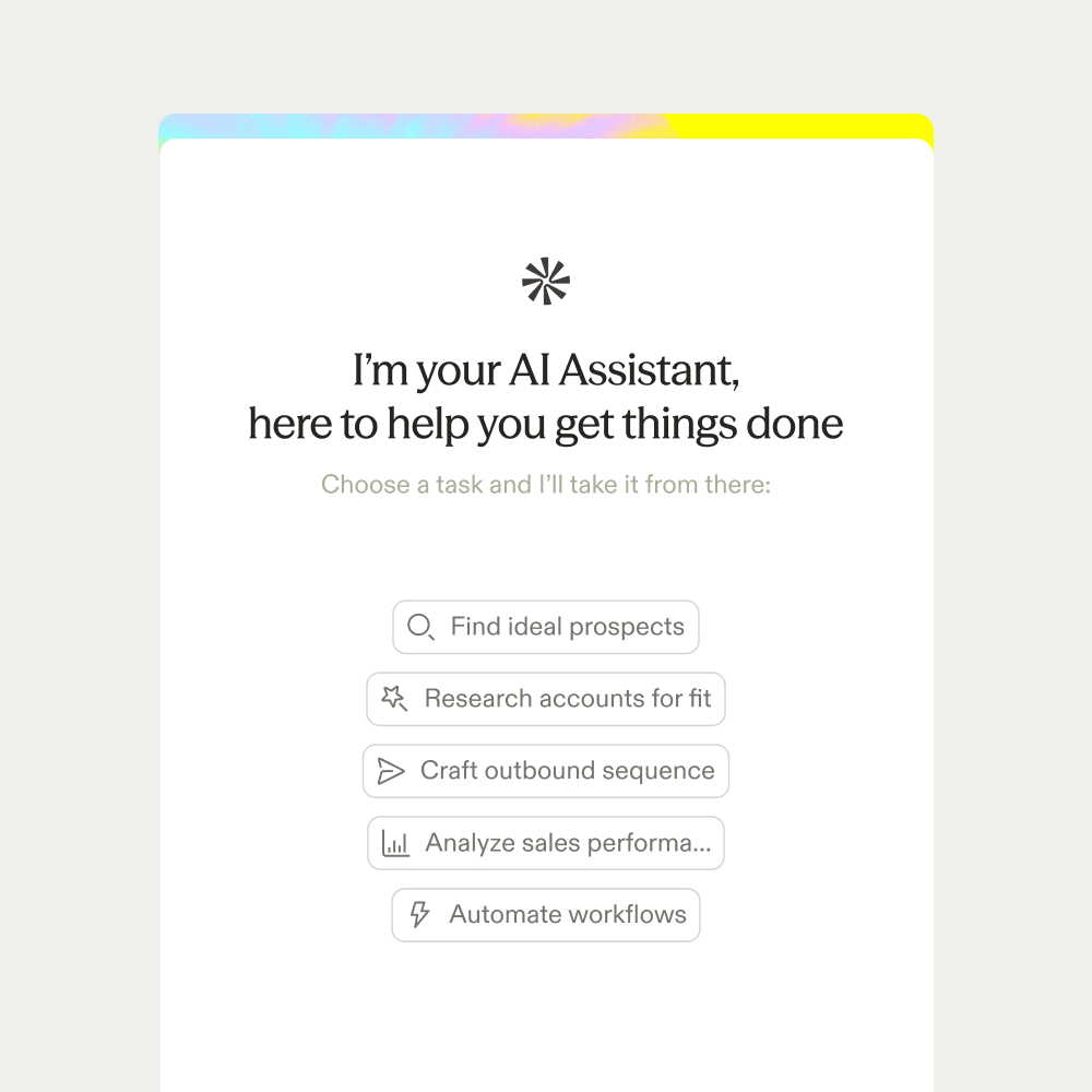 An AI Assistant panel offering to find ideal prospects, research accounts, and craft an outbound sequence