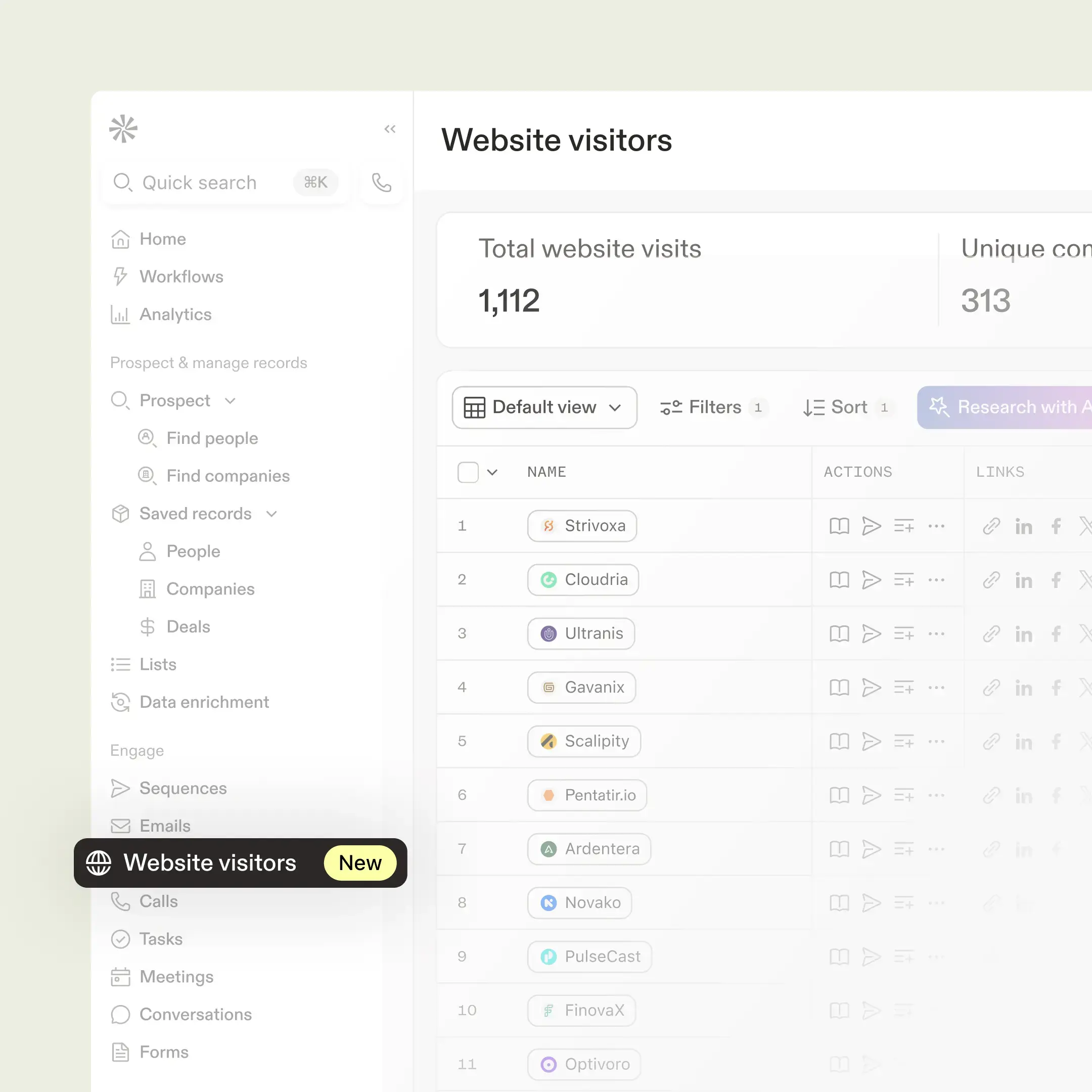 Website visitors list showing identified companies and contacts
