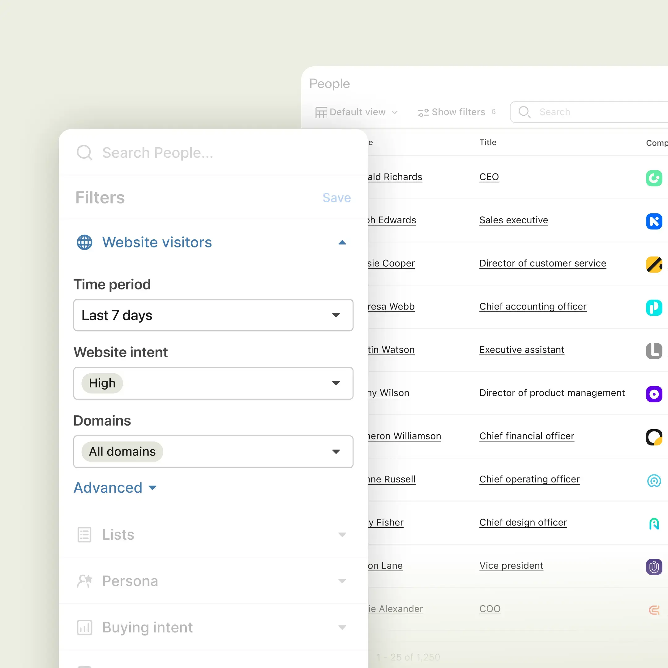 Website visitors filter panel showing intent and firmographic filters