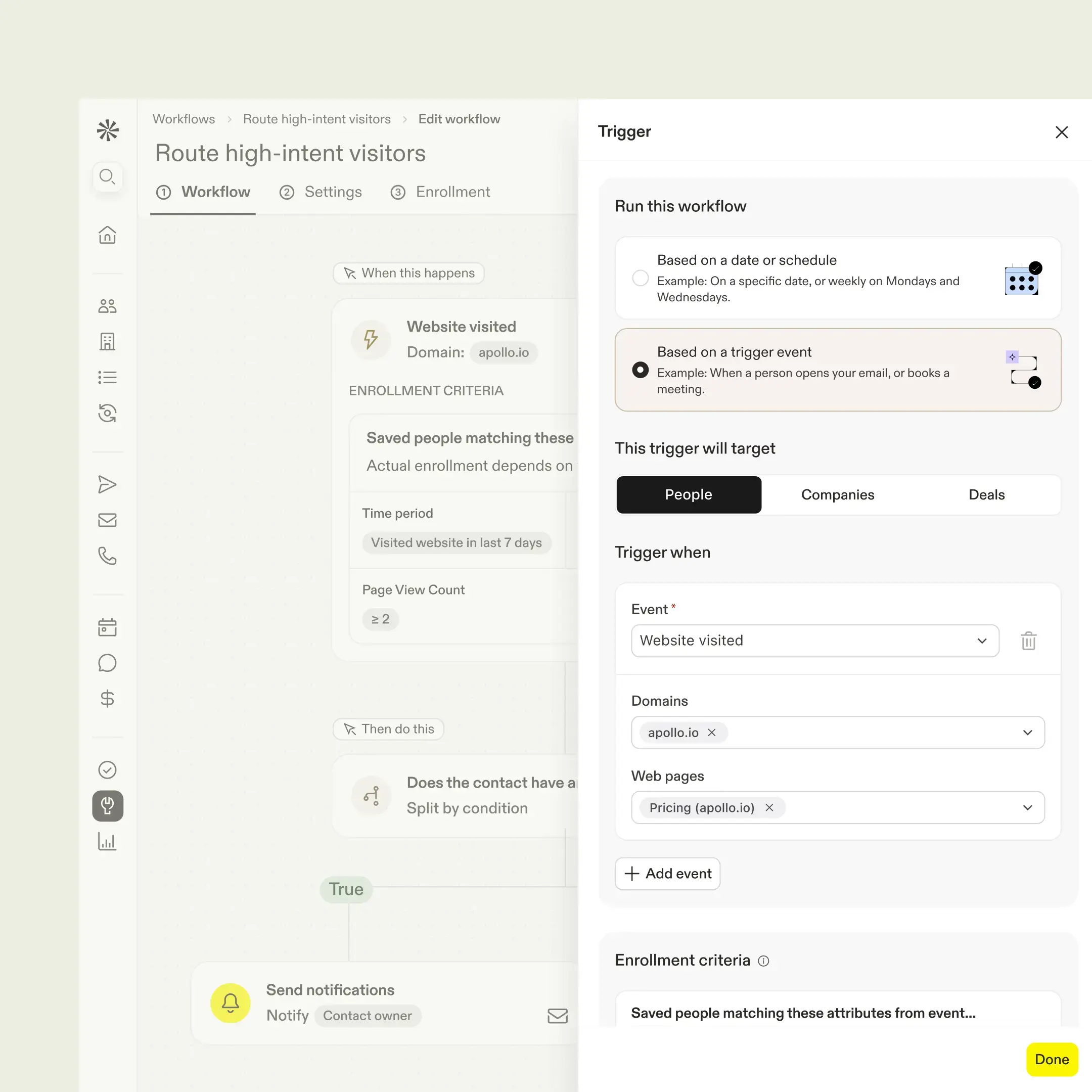 Workflow automation showing website visitor trigger and routing